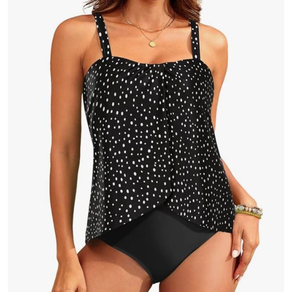 NEW Tempt Me Black White Dot One Piece Swimsuit Flyaway Front Size Large NWT